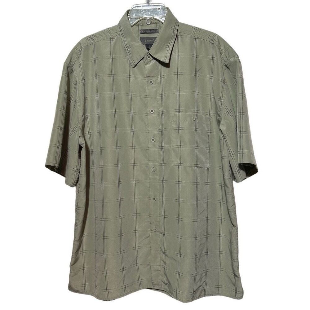 Bruno Button-up Shirt Men's XL Gray Plaid Geo Sueded Microfiber Short Sleeve